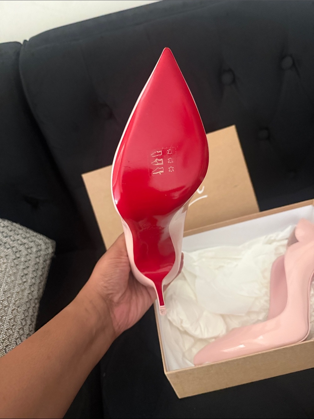 Christian Louboutin Blush Patent Stiletto Pumps with Red Soles - Picture 3 of 10